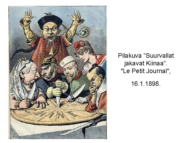 Pilakuva ”Suurvallat jakavat Kiinaa”. "Le Petit Journal", 16. 1. 1898. 