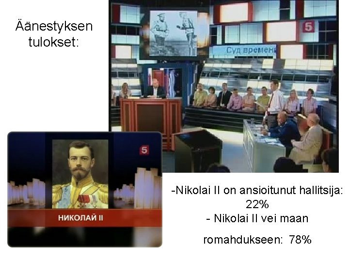 Äänestyksen tulokset: -Nikolai II on ansioitunut hallitsija: 22% - Nikolai II vei maan romahdukseen: