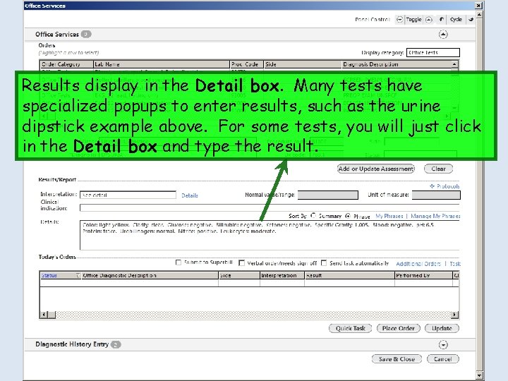 Results display in the Detail box. Many tests have specialized popups to enter results,