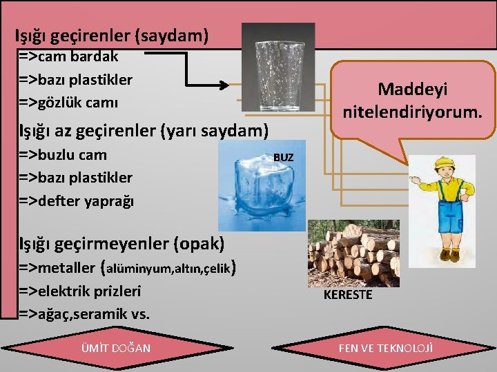 Işığı geçirenler (saydam) =>cam bardak =>bazı plastikler =>gözlük camı Işığı az geçirenler (yarı saydam)