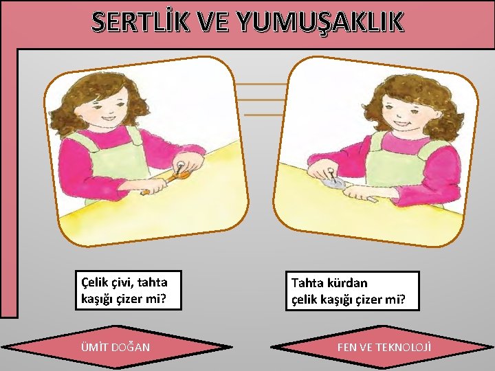 SERTLİK VE YUMUŞAKLIK Çelik çivi, tahta kaşığı çizer mi? ÜMİTDOĞAN Tahta kürdan çelik kaşığı SERTLİK VE YUMUŞAKLIK Çelik çivi, tahta kaşığı çizer mi? ÜMİTDOĞAN Tahta kürdan çelik kaşığı