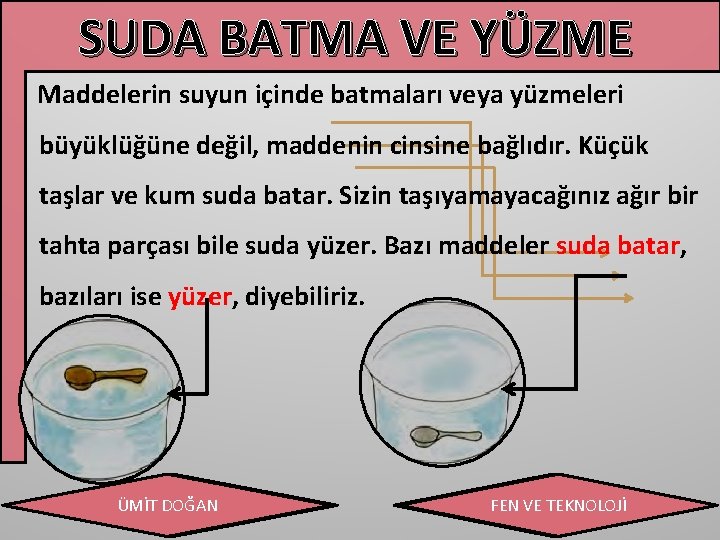 SUDA BATMA VE YÜZME Maddelerin suyun içinde batmaları veya yüzmeleri büyüklüğüne değil, maddenin cinsine