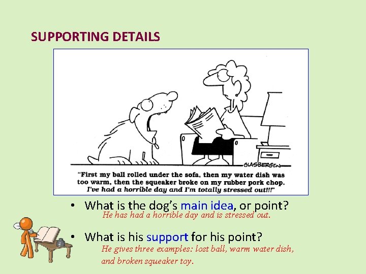 SUPPORTING DETAILS • What is the dog’s main idea, or point? He has had