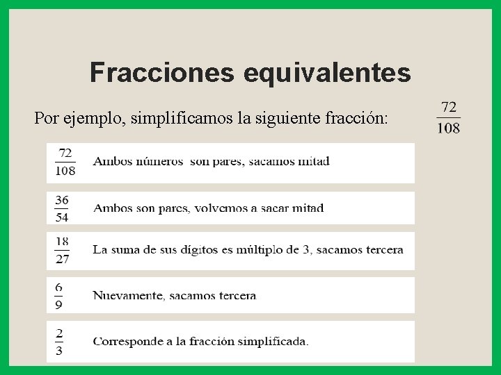 Fracciones equivalentes Por ejemplo, simplificamos la siguiente fracción: 