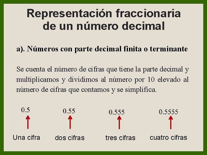 Representación fraccionaria de un número decimal a). Números con parte decimal finita o terminante