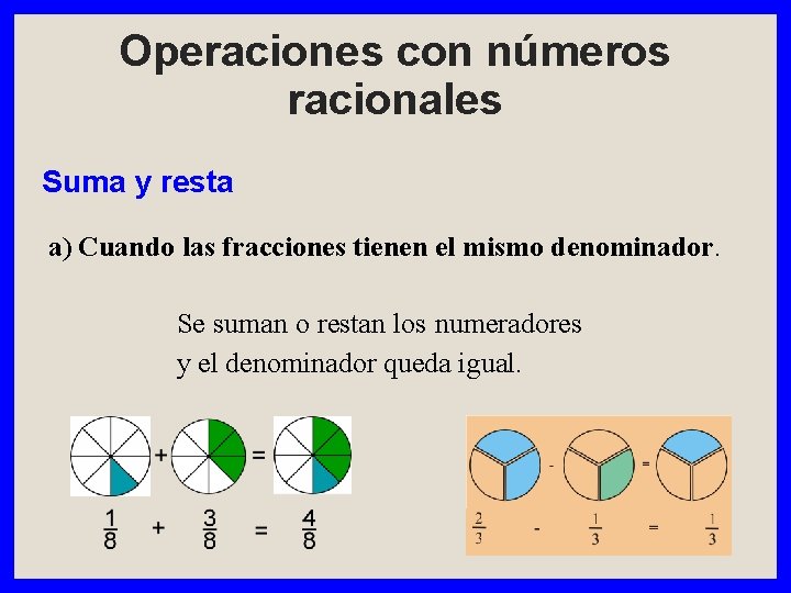 Operaciones con números racionales Suma y resta a) Cuando las fracciones tienen el mismo