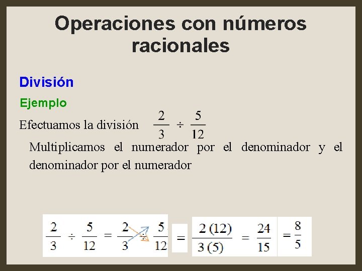 Operaciones con números racionales División Ejemplo Efectuamos la división Multiplicamos el numerador por el