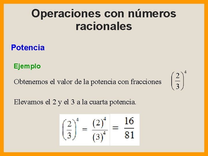 Operaciones con números racionales Potencia Ejemplo Obtenemos el valor de la potencia con fracciones