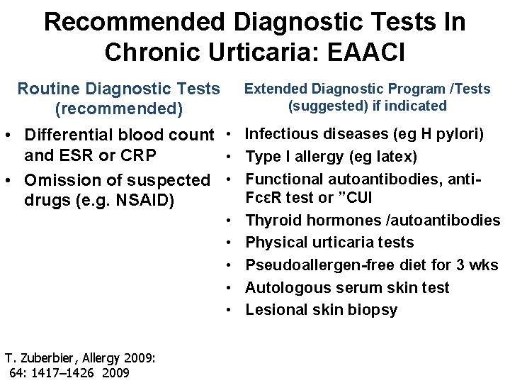 Recommended Diagnostic Tests In Chronic Urticaria: EAACI Routine Diagnostic Tests (recommended) Extended Diagnostic Program