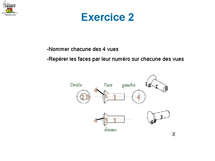 Exercice 2 -Nommer chacune des 4 vues -Repérer les faces par leur numéro sur