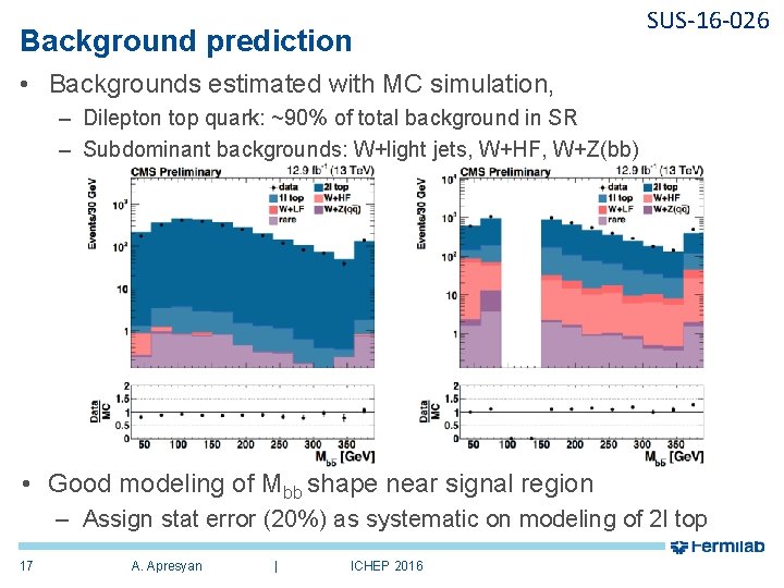 Background prediction SUS-16 -026 • Backgrounds estimated with MC simulation, – Dilepton top quark: Background prediction SUS-16 -026 • Backgrounds estimated with MC simulation, – Dilepton top quark:
