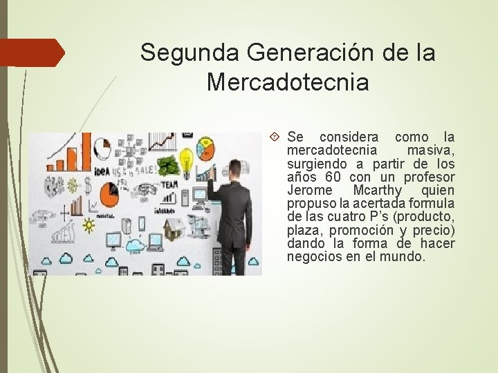 Segunda Generación de la Mercadotecnia Se considera como la mercadotecnia masiva, surgiendo a partir