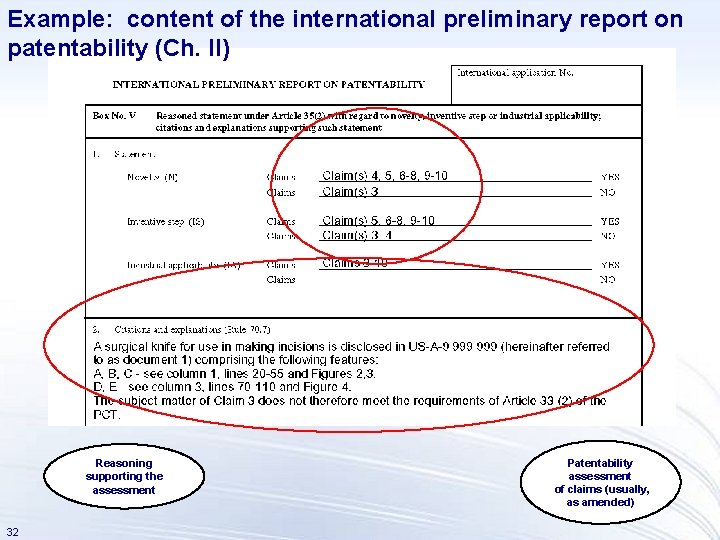 Example: content of the international preliminary report on patentability (Ch. II) Reasoning supporting the
