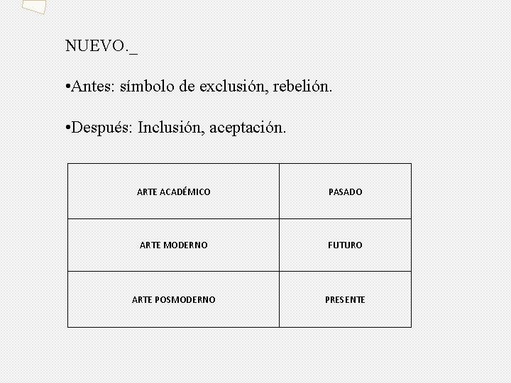 NUEVO. _ • Antes: símbolo de exclusión, rebelión. • Después: Inclusión, aceptación. ARTE ACADÉMICO