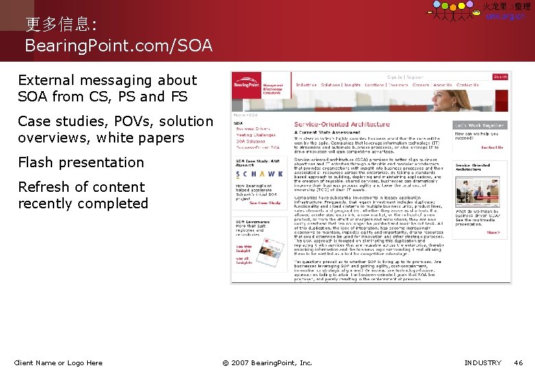 更多信息: Bearing. Point. com/SOA External messaging about SOA from CS, PS and FS Case