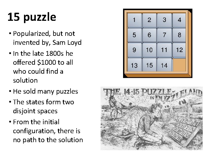15 puzzle • Popularized, but not invented by, Sam Loyd • In the late