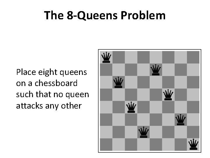 The 8 -Queens Problem Place eight queens on a chessboard such that no queen
