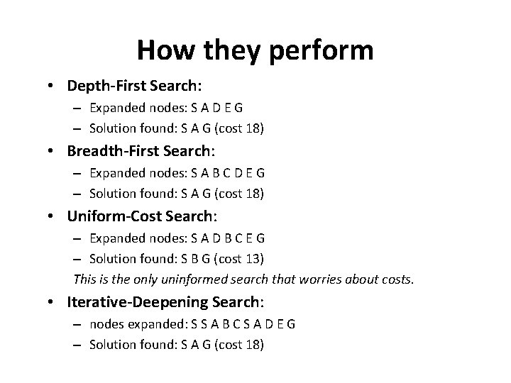 How they perform • Depth-First Search: – Expanded nodes: S A D E G
