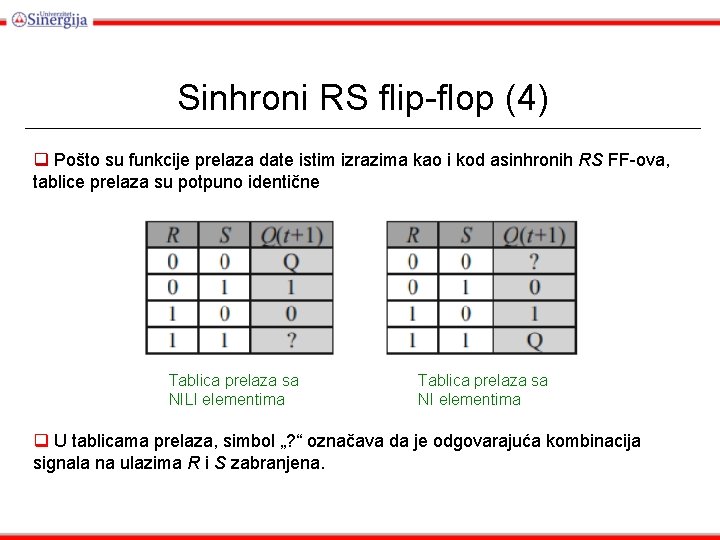 Sinhroni RS flip-flop (4) q Pošto su funkcije prelaza date istim izrazima kao i