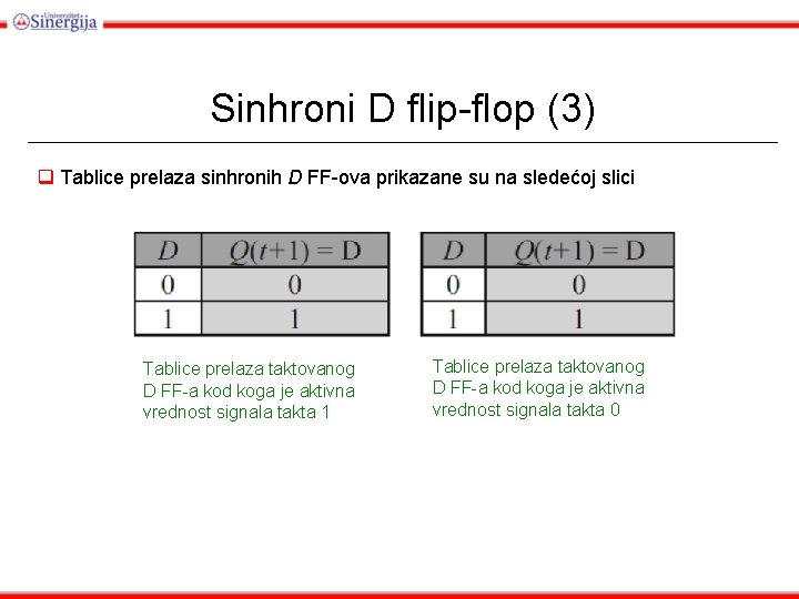 Sinhroni D flip-flop (3) q Tablice prelaza sinhronih D FF-ova prikazane su na sledećoj