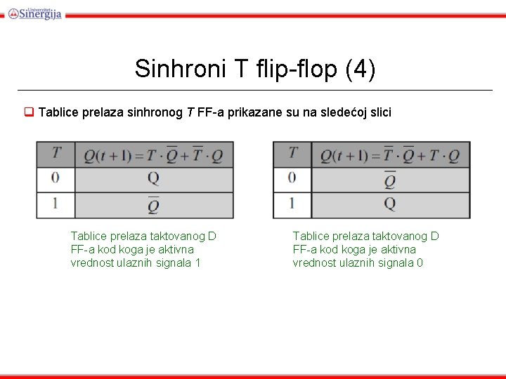 Sinhroni T flip-flop (4) q Tablice prelaza sinhronog T FF-a prikazane su na sledećoj Sinhroni T flip-flop (4) q Tablice prelaza sinhronog T FF-a prikazane su na sledećoj