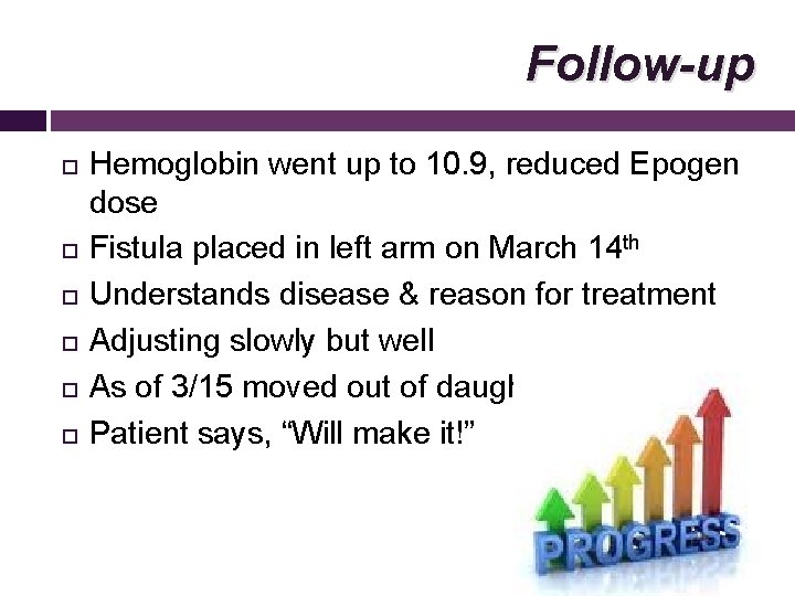 Follow-up Hemoglobin went up to 10. 9, reduced Epogen dose Fistula placed in left