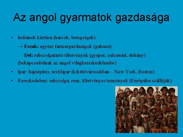 Az angol gyarmatok gazdasága • Indiánok kiirtása (harcok, betegségek) → Észak: egyéni farmergazdaságok (gabona)