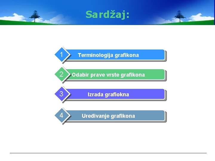 Sardžaj: 1 Terminologija grafikona 2 Odabir prave vrste grafikona 3 Izrada grafiokna 4 Uređivanje
