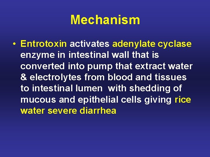 Mechanism • Entrotoxin activates adenylate cyclase enzyme in intestinal wall that is converted into