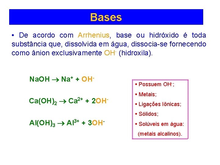 Bases • De acordo com Arrhenius, base ou hidróxido é toda substância que, dissolvida