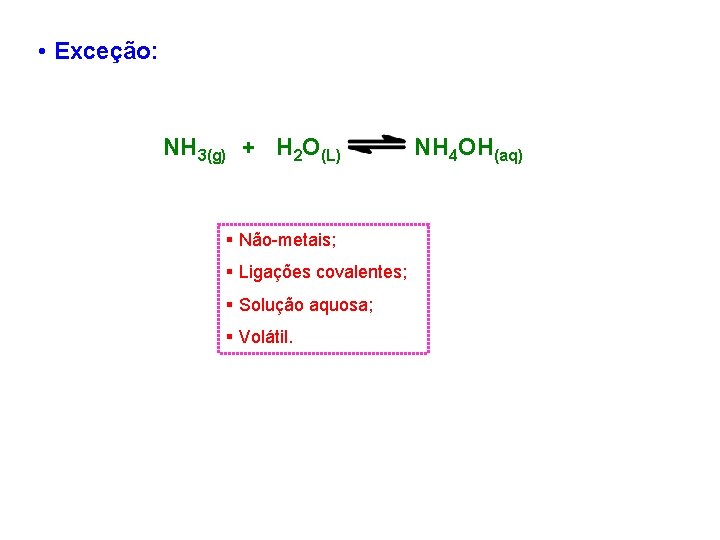  • Exceção: NH 3(g) + H 2 O(L) § Não-metais; § Ligações covalentes;