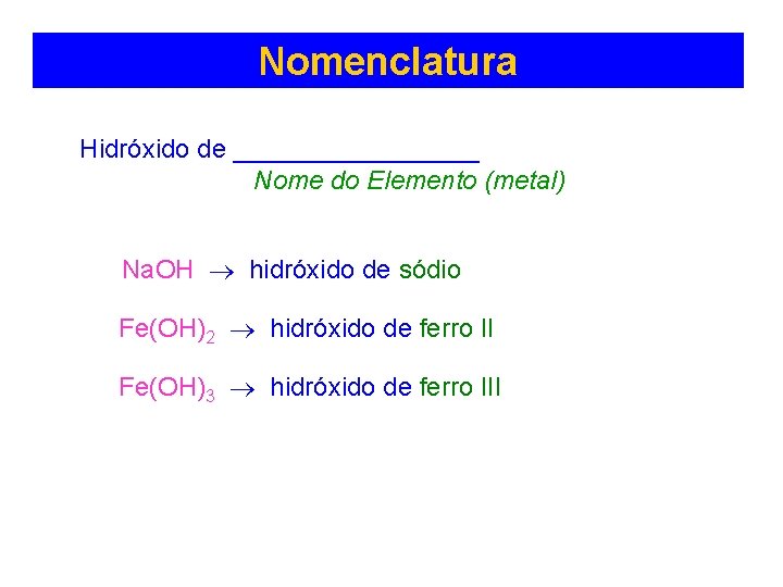 Nomenclatura Hidróxido de _________ Nome do Elemento (metal) Na. OH hidróxido de sódio Fe(OH)2