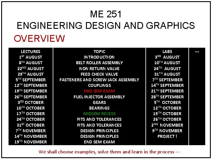 ME 251 ENGINEERING DESIGN AND GRAPHICS OVERVIEW LECTURES 1 ST AUGUST 8 TH AUGUST