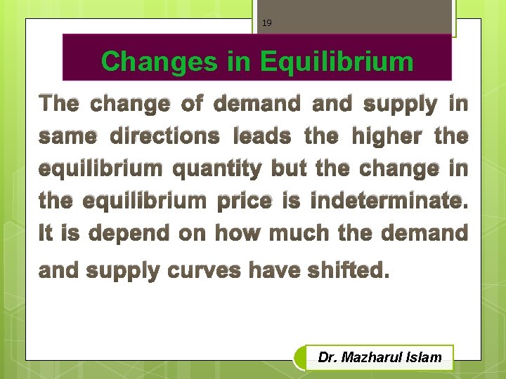 19 Changes in Equilibrium The change of demand supply in same directions leads the