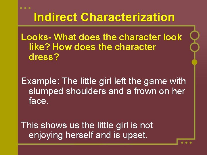 Indirect Characterization Looks- What does the character look like? How does the character dress?