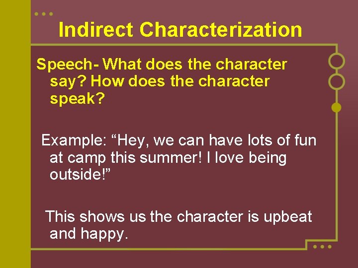 Indirect Characterization Speech- What does the character say? How does the character speak? Example: