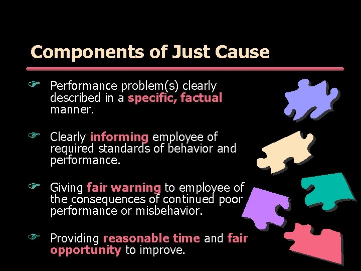 Components of Just Cause F Performance problem(s) clearly described in a specific, factual manner. Components of Just Cause F Performance problem(s) clearly described in a specific, factual manner.