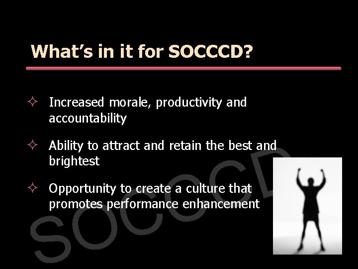 What’s in it for SOCCCD? ² Increased morale, productivity and accountability ² Ability to What’s in it for SOCCCD? ² Increased morale, productivity and accountability ² Ability to