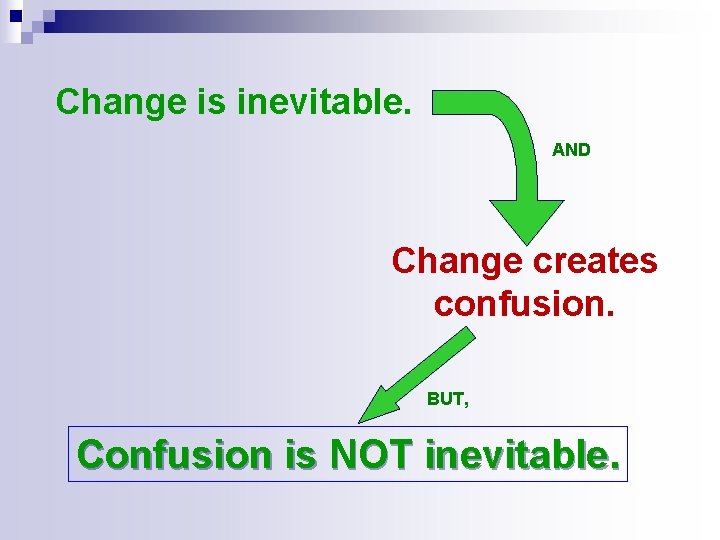 Change is inevitable. AND Change creates confusion. BUT, Confusion is NOT inevitable. Change is inevitable. AND Change creates confusion. BUT, Confusion is NOT inevitable.