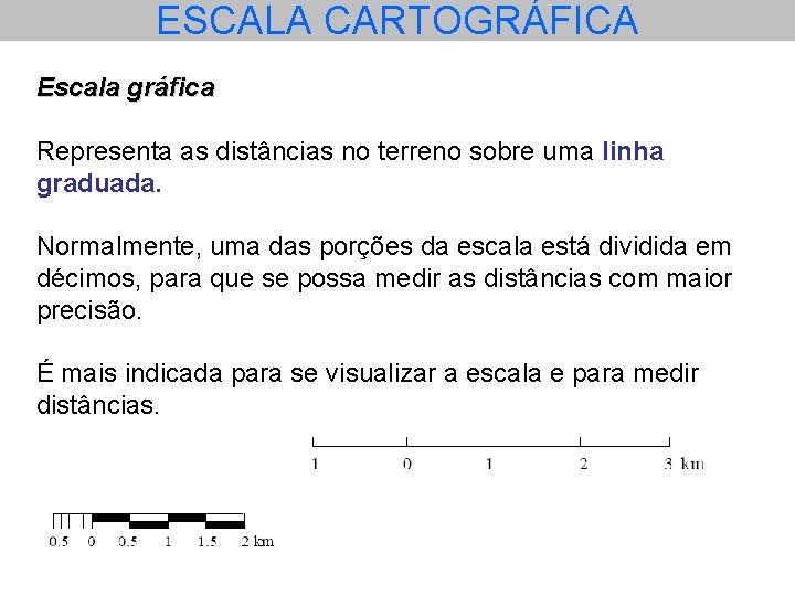 ESCALA CARTOGRÁFICA Escala gráfica Representa as distâncias no terreno sobre uma linha graduada. Normalmente,