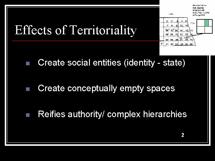 Effects of Territoriality n Create social entities (identity - state) n Create conceptually empty