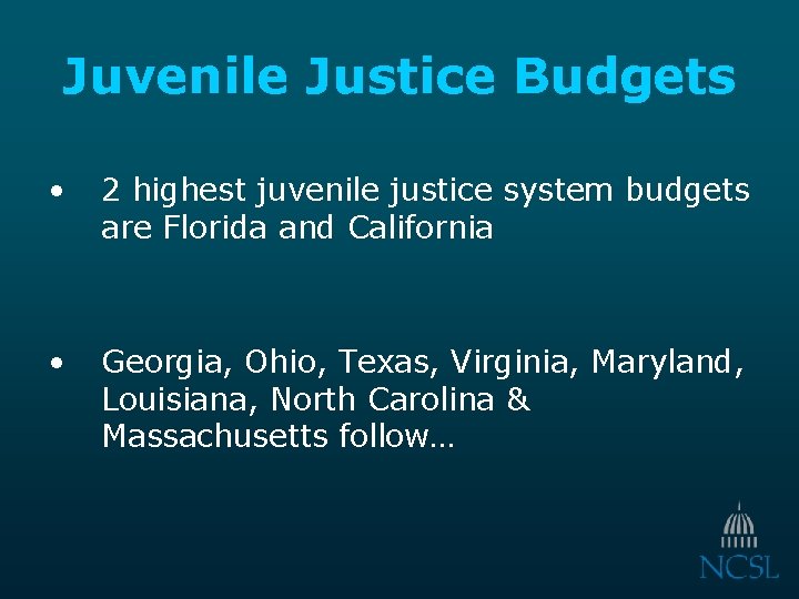 Juvenile Justice Budgets • 2 highest juvenile justice system budgets are Florida and California