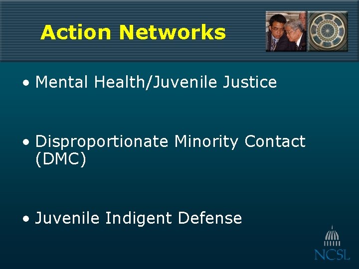 Action Networks • Mental Health/Juvenile Justice • Disproportionate Minority Contact (DMC) • Juvenile Indigent