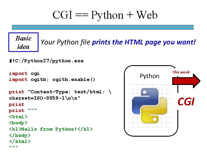 CGI == Python + Web Basic idea Your Python file prints the HTML page