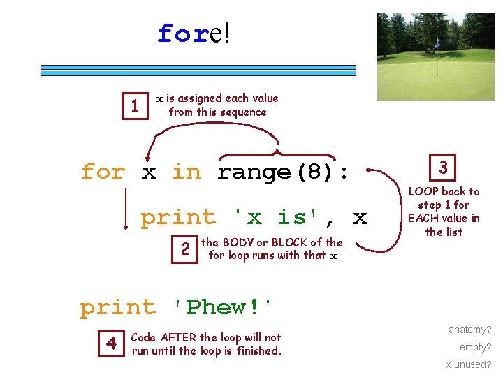 fore! 1 x is assigned each value from this sequence for x in range(8):