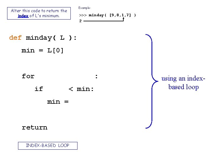 Example: Alter this code to return the index of L's minimum. >>> minday( [9,