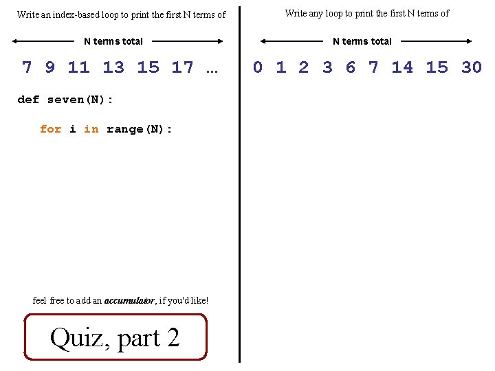 Write an index-based loop to print the first N terms of N terms total