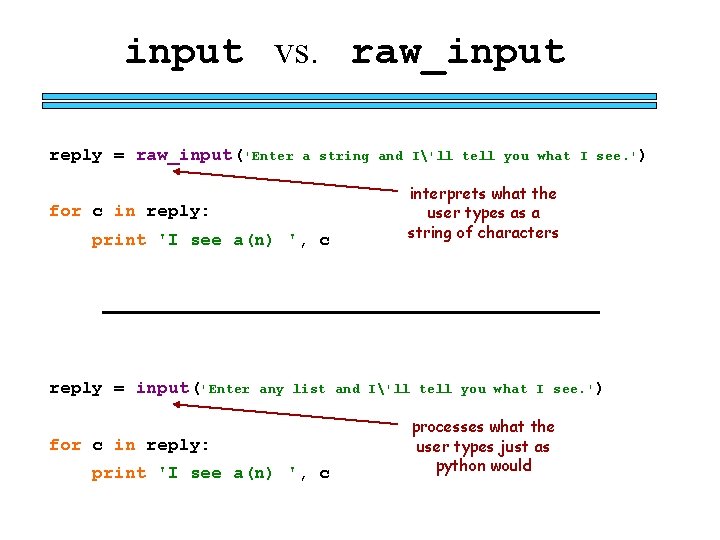 input vs. raw_input reply = raw_input('Enter a string and I'll tell you what I