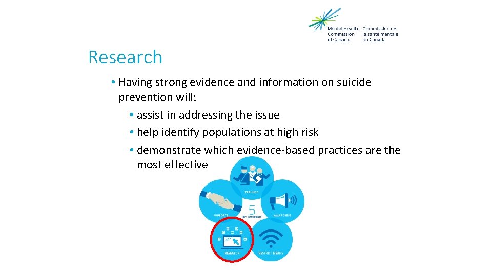 Research • Having strong evidence and information on suicide prevention will: • assist in