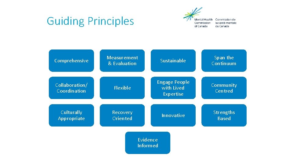Guiding Principles Measurement & Evaluation Sustainable Span the Continuum Collaboration/ Coordination Flexible Engage People